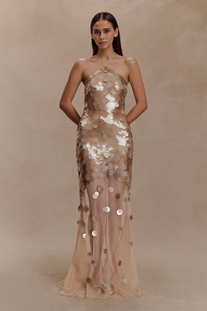 Jenny Hand-Embellished Gold Maxi Dress