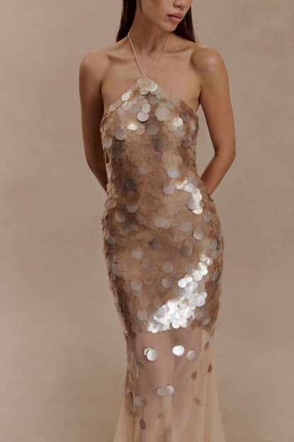 Jenny Hand-Embellished Gold Maxi Dress