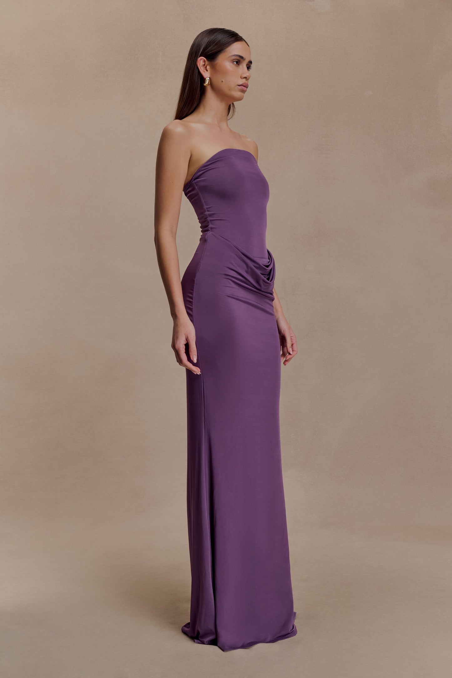 Madison Slinky Strapless Maxi Dress in Chocolate