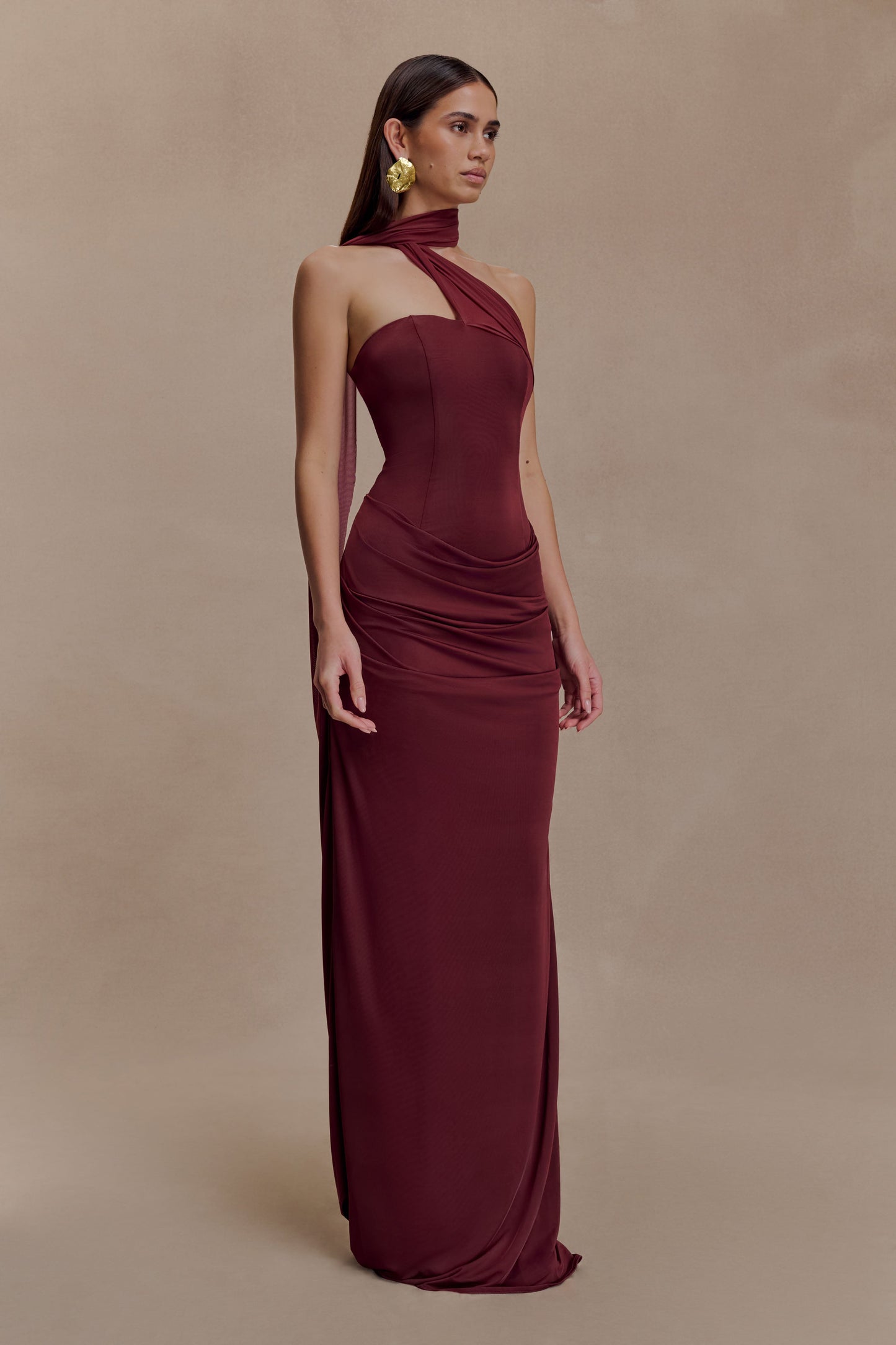 Mattea Slinky Mesh Maxi Dress with Scarf