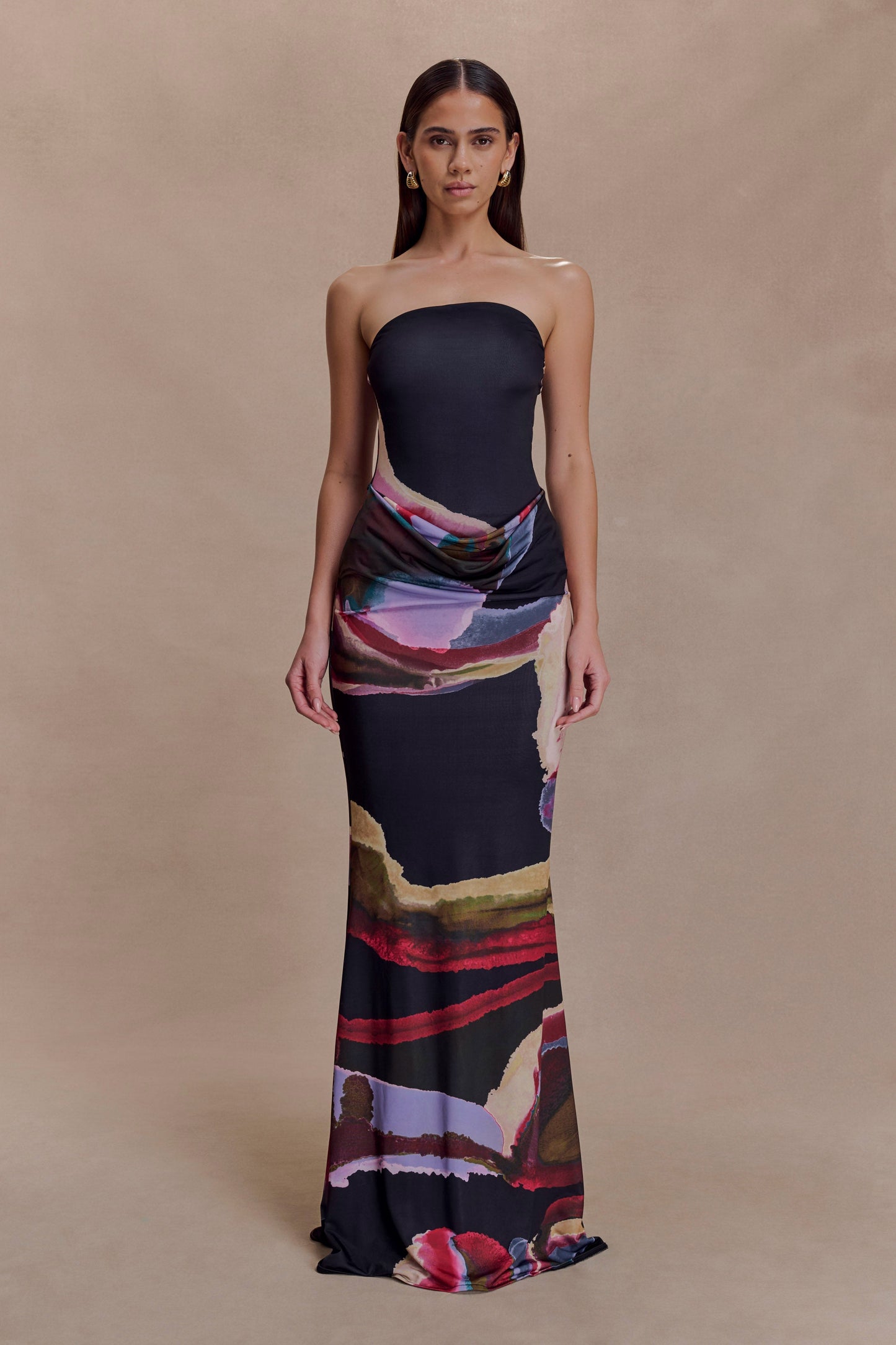 Madison Slinky Strapless Maxi Dress in Chocolate