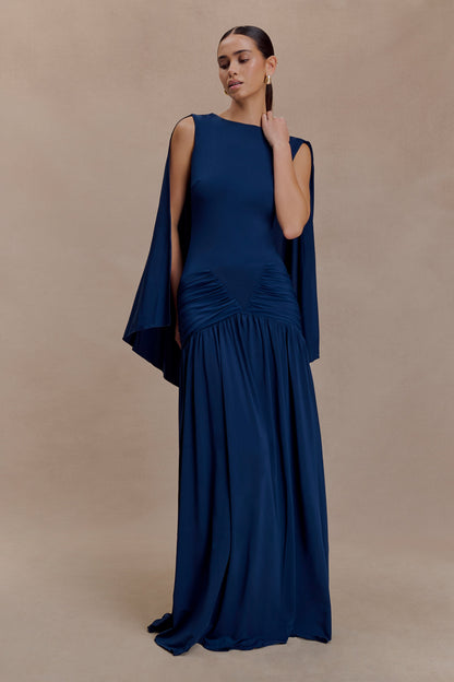 Emory Jersey Cape Maxi Dress in Navy