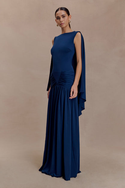 Emory Jersey Cape Maxi Dress in Navy