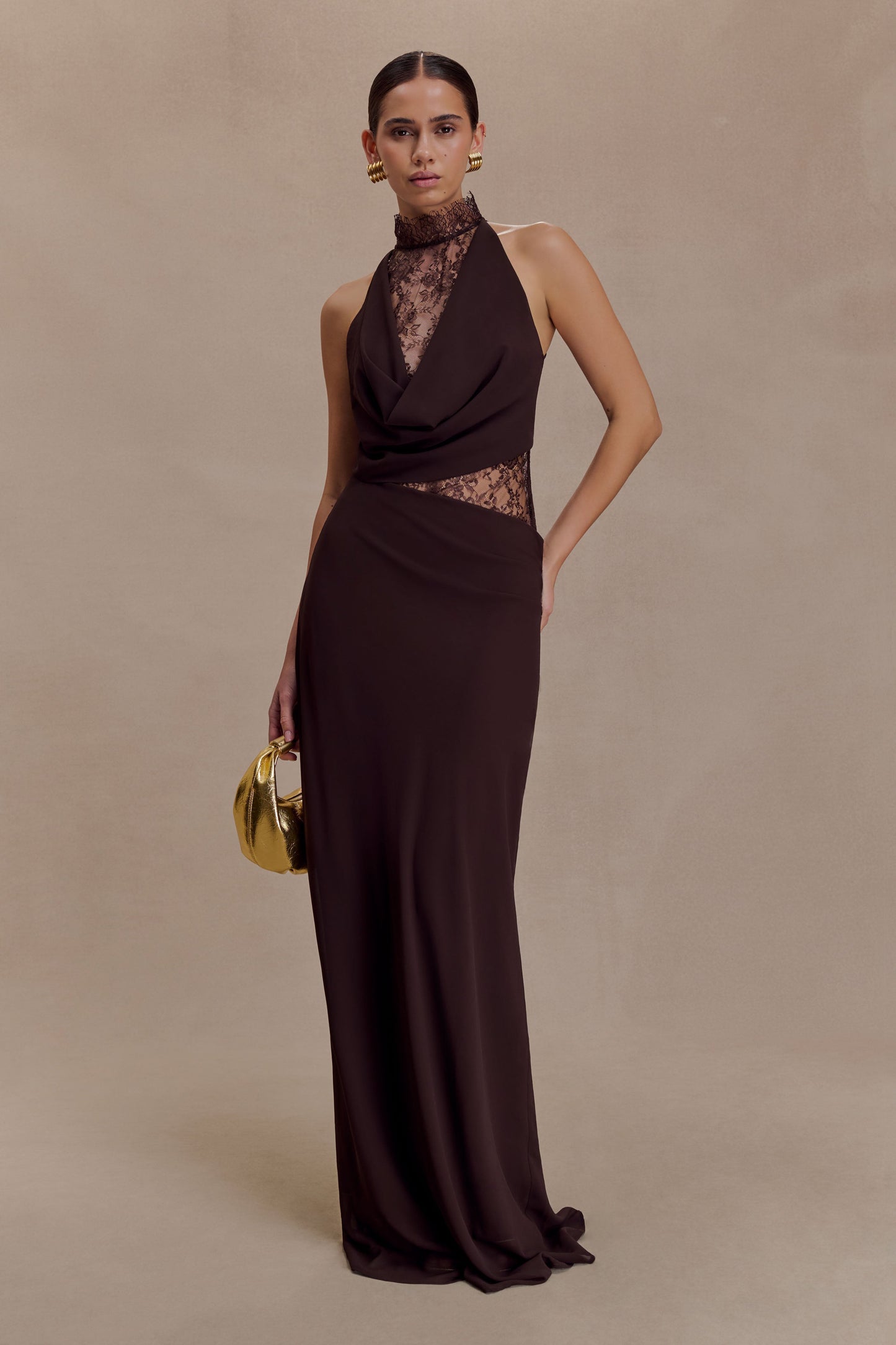 Arra Chiffon & Lace Halter Maxi Dress in Plum
