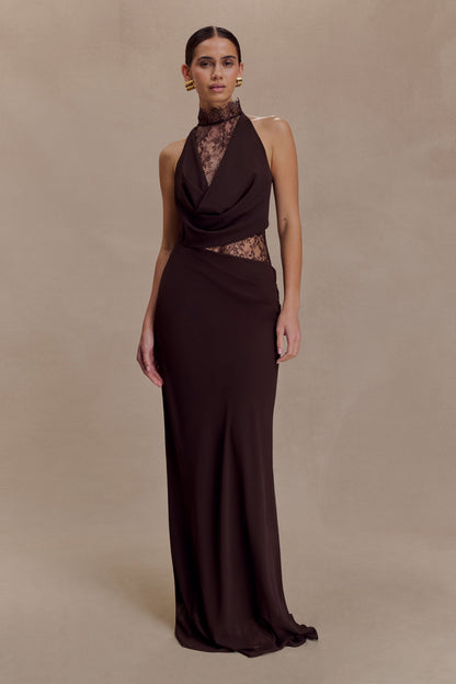 Arra Chiffon & Lace Halter Maxi Dress in Plum