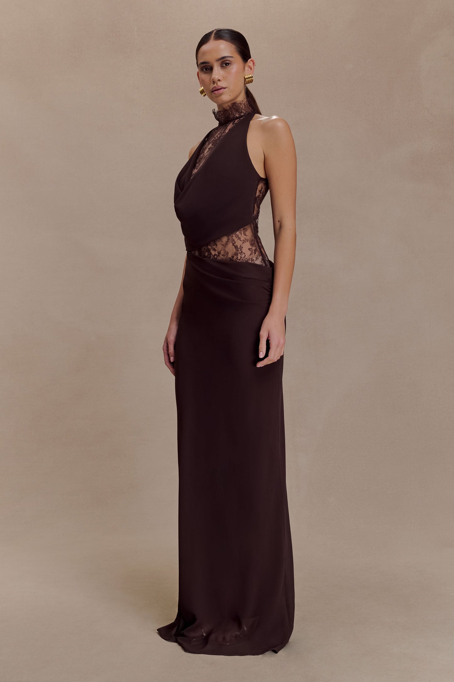 Arra Chiffon & Lace Halter Maxi Dress in Plum