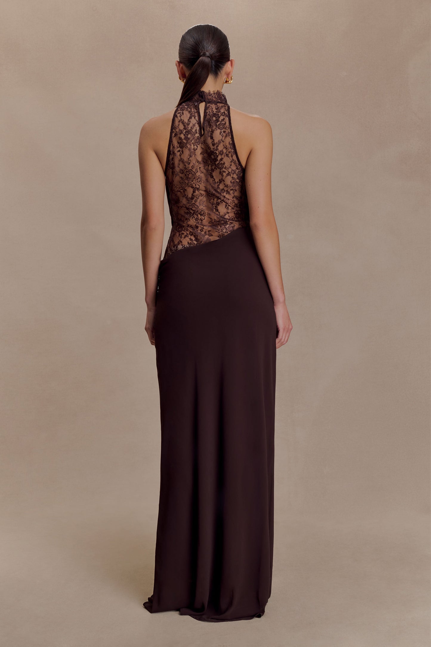 Arra Chiffon & Lace Halter Maxi Dress in Plum