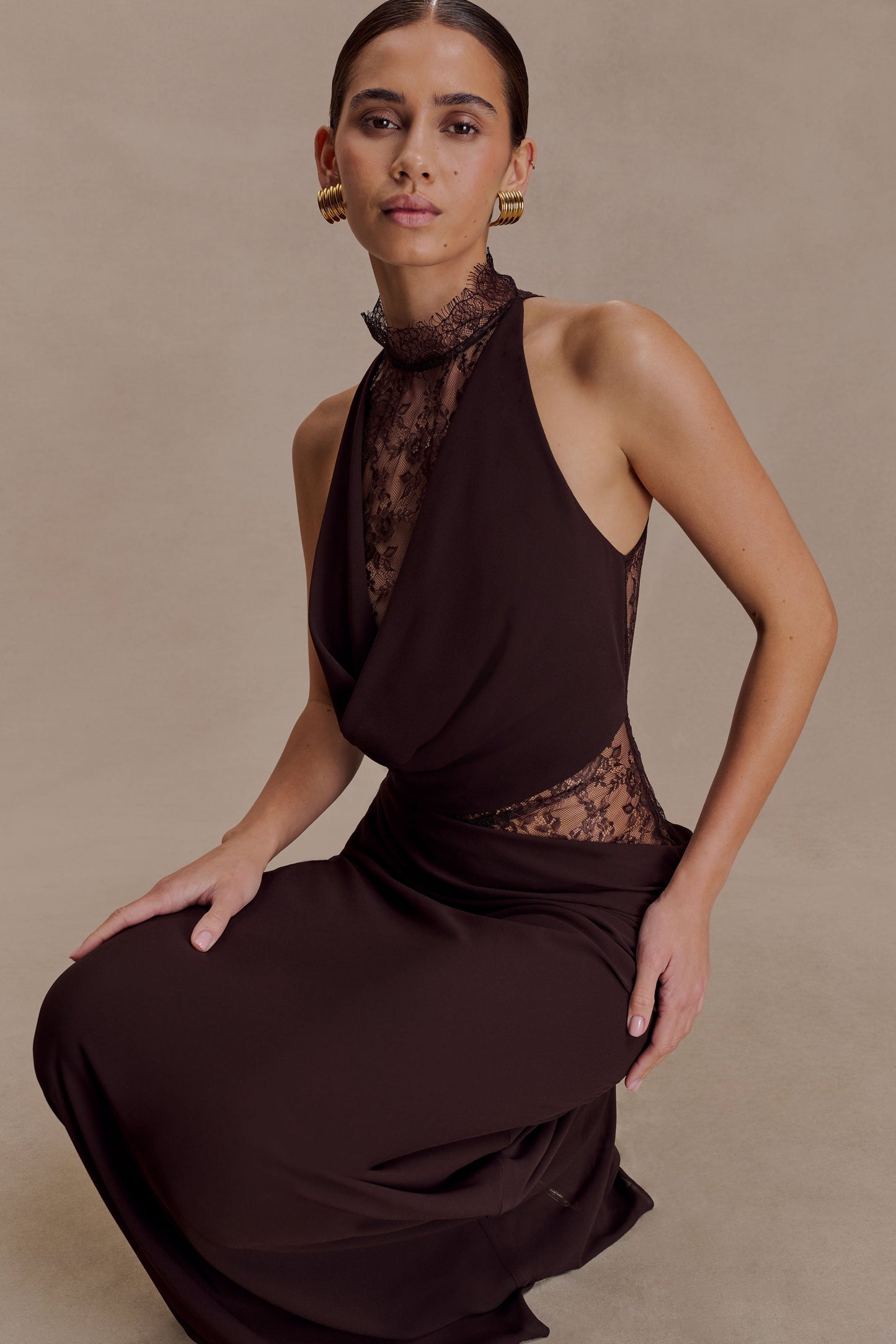 Arra Chiffon & Lace Halter Maxi Dress in Plum