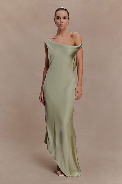 Yvette Asymmetrical Slip Maxi Dress in Emerald