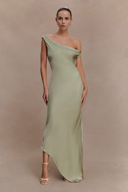 Yvette Asymmetrical Slip Maxi Dress in Emerald