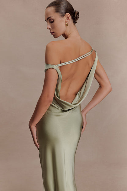 Yvette Asymmetrical Slip Maxi Dress in Emerald