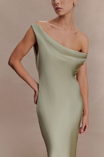 Yvette Asymmetrical Slip Maxi Dress in Emerald
