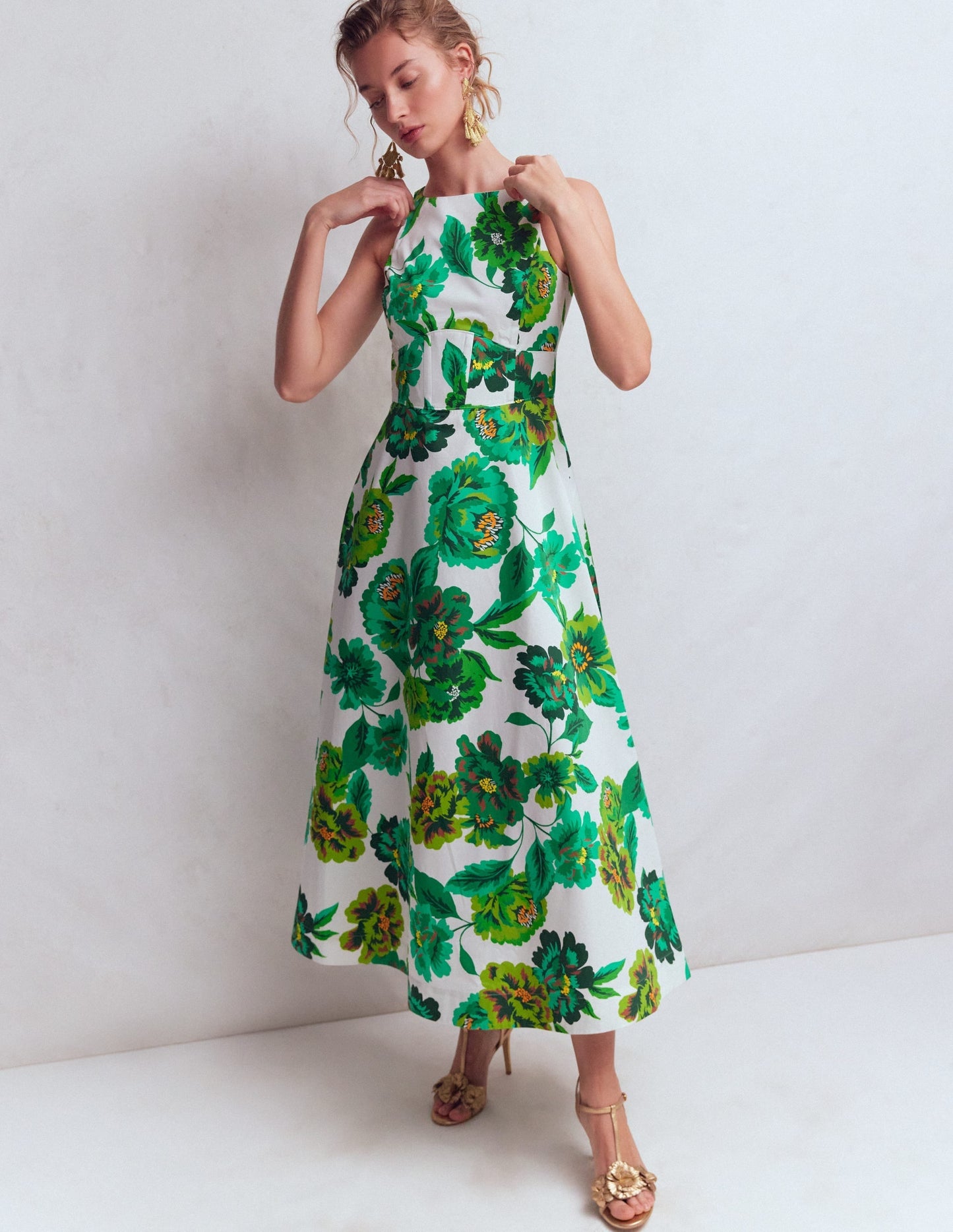 Silvia Boned Bodice Maxi Dress in Green Opulent Blossom