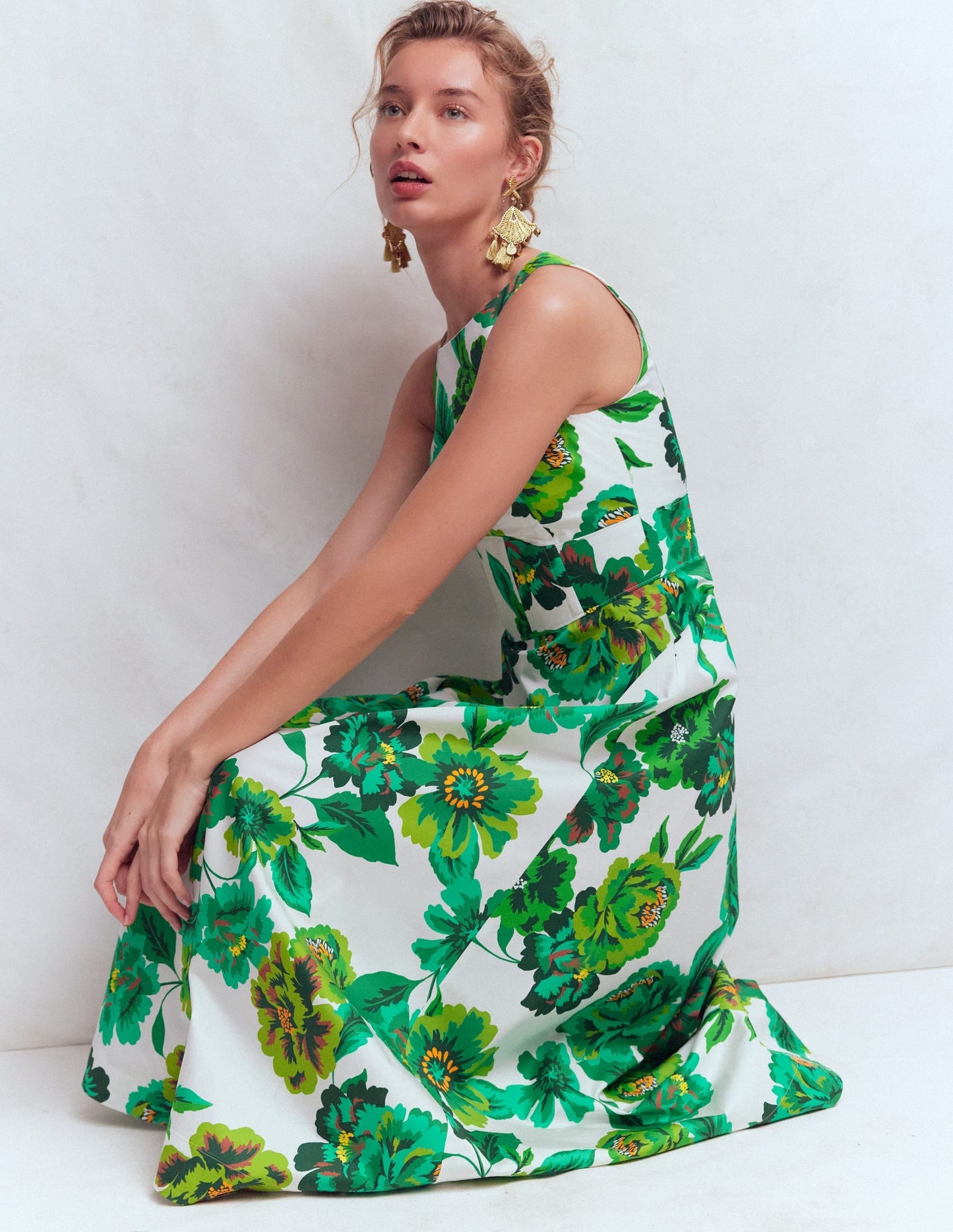Silvia Boned Bodice Maxi Dress in Green Opulent Blossom