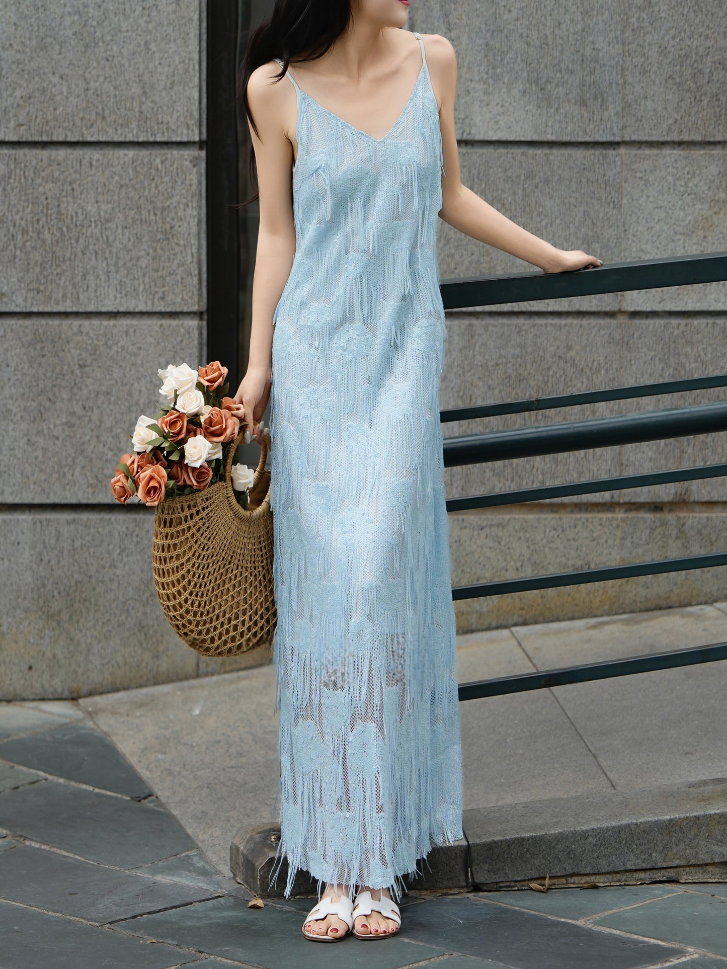 Celeste French Fringe Slip Maxi Dress