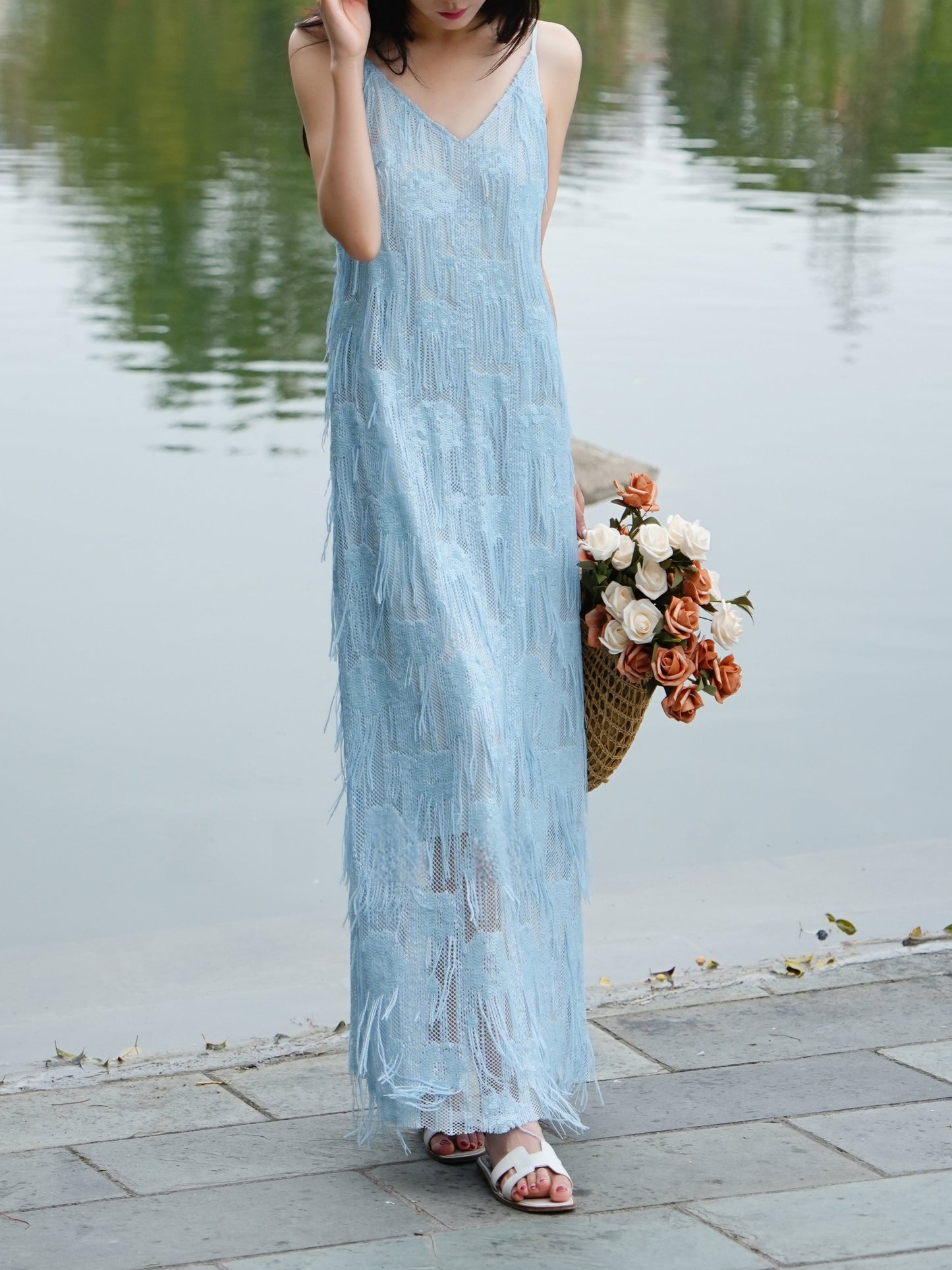Celeste French Fringe Slip Maxi Dress