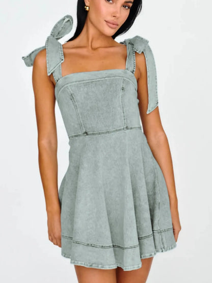 Rosalie Bow-Shoulder Denim Mini Dress