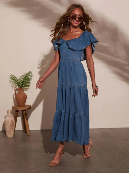 Margot Off-Shoulder Tiered Denim Dress
