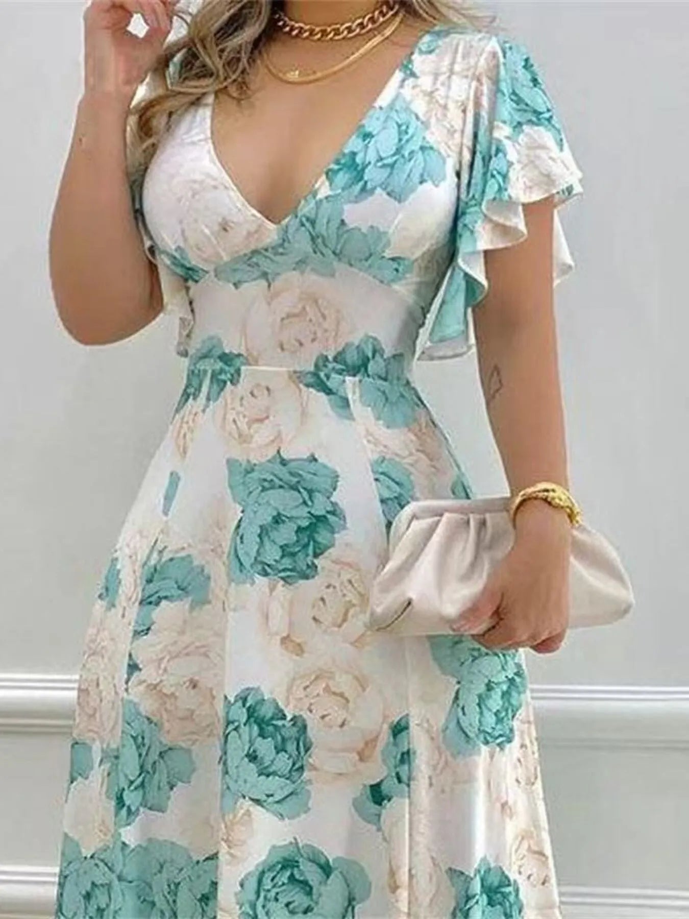 Violet Floral Maxi Dress with Flutter Sleeves