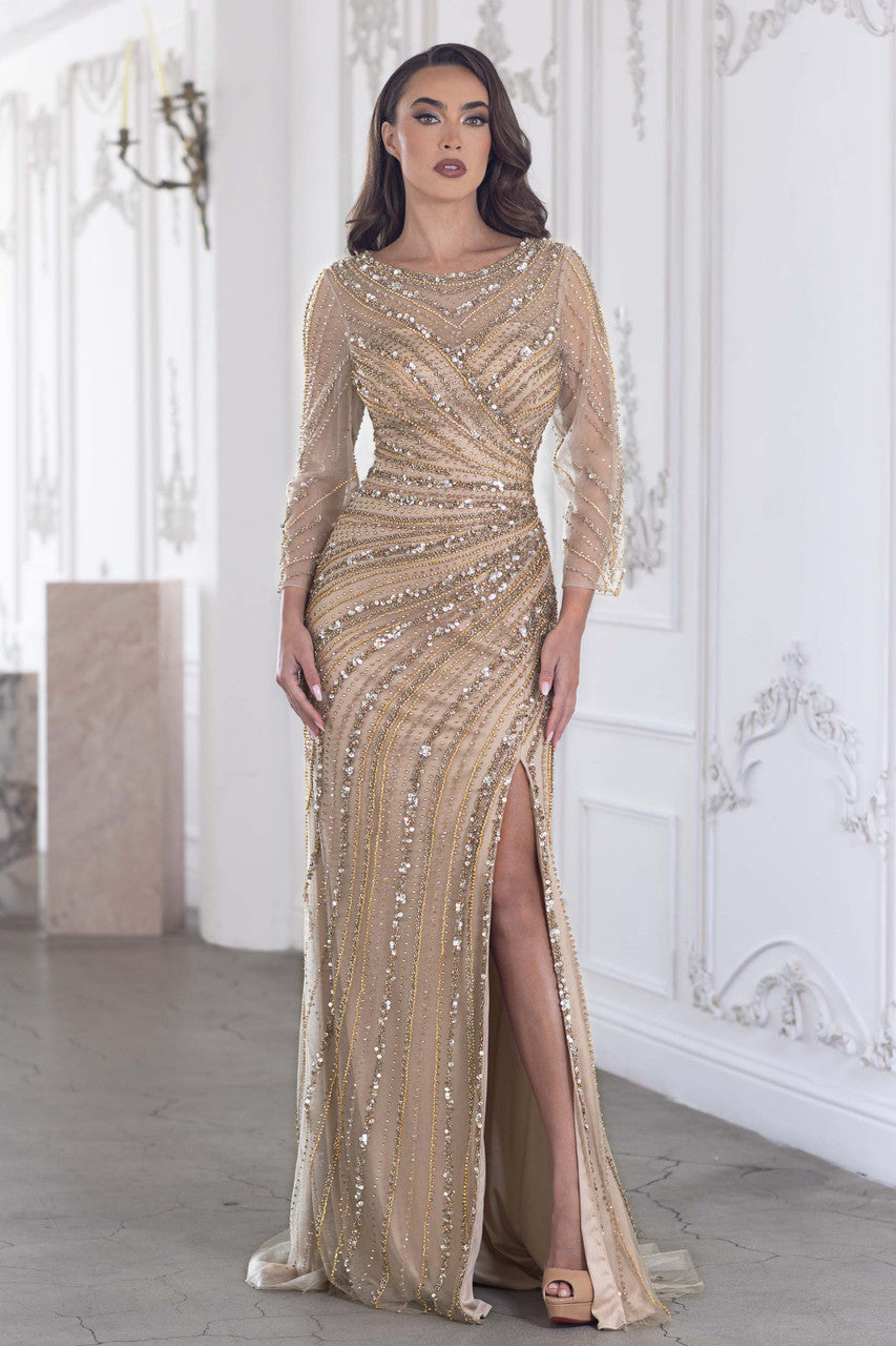 Lenovia Beaded Gold Formal Dress