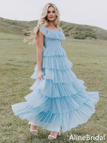 Celestine Sky Blue Tulle Tiered Prom Dress