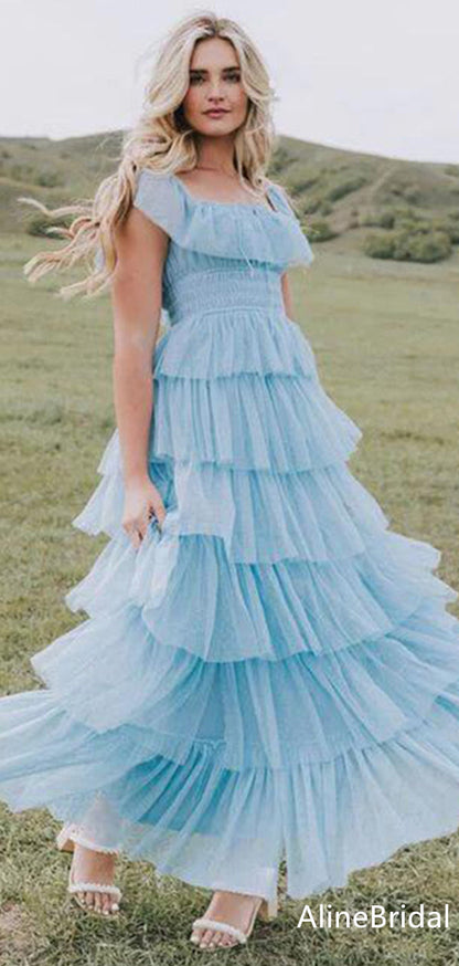 Celestine Sky Blue Tulle Tiered Prom Dress