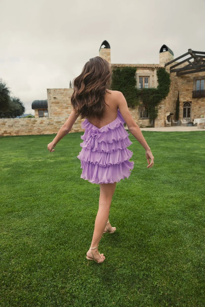 Violet Crinkle Chiffon Tiered Mini Dress