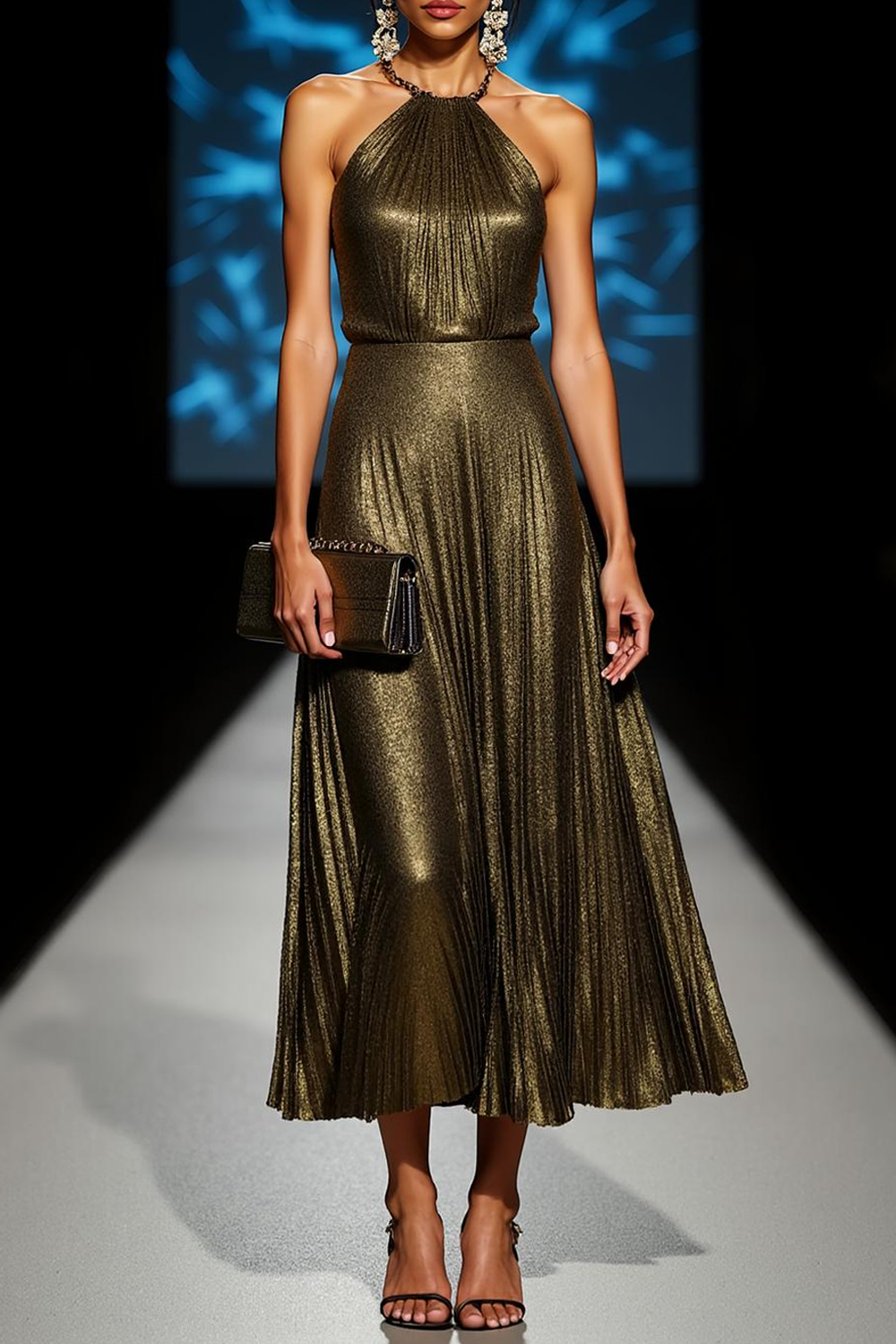 Olive Metallic Halter Maxi Dress