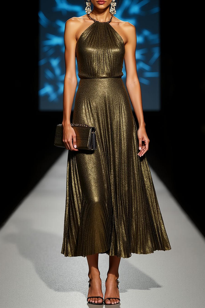 Olive Metallic Halter Maxi Dress