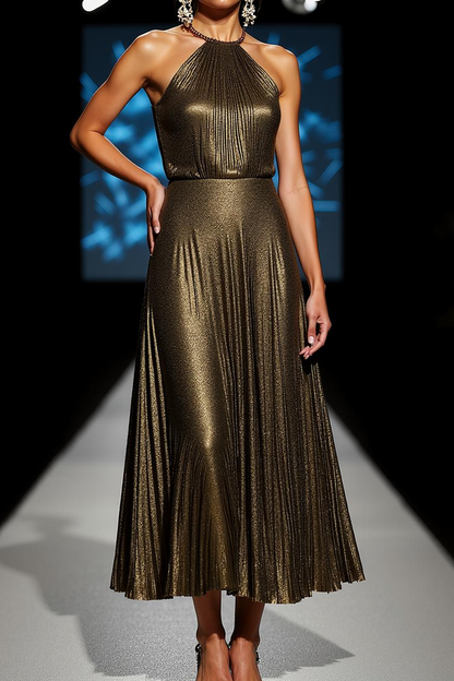 Olive Metallic Halter Maxi Dress