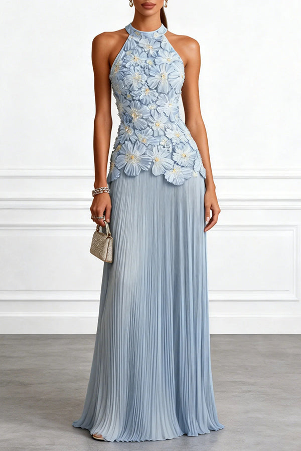 Emilie 3D Floral Embroidered Halter Maxi Dress