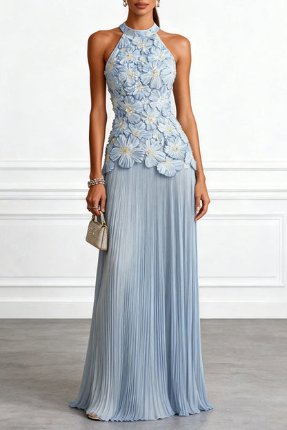 Emilie 3D Floral Embroidered Halter Maxi Dress