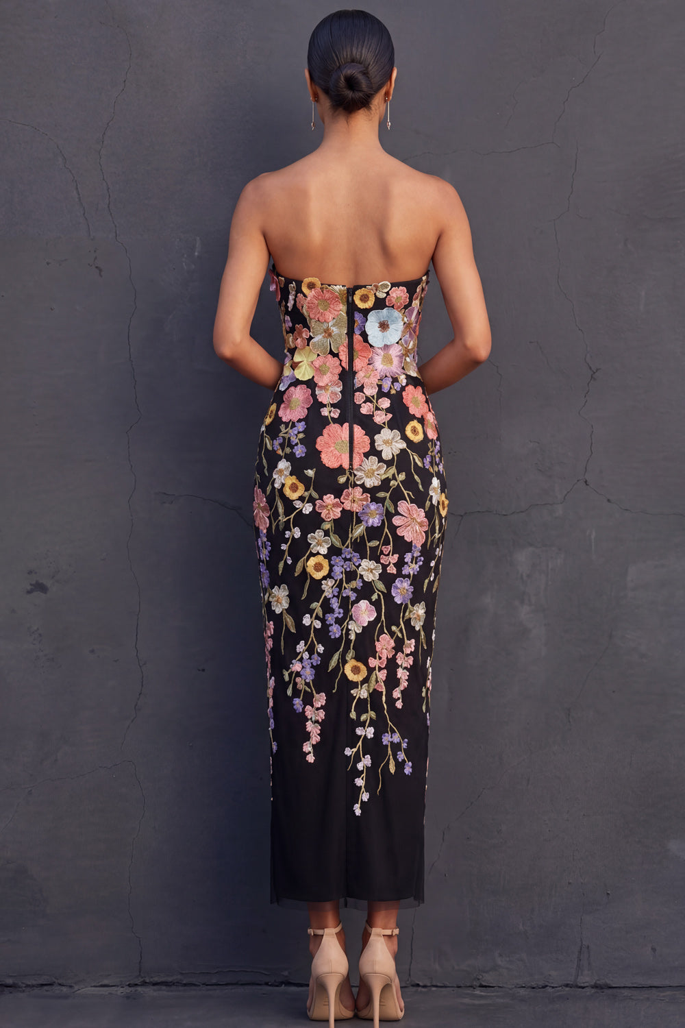 Isabelle Floral Appliqué Strapless Midi Dress