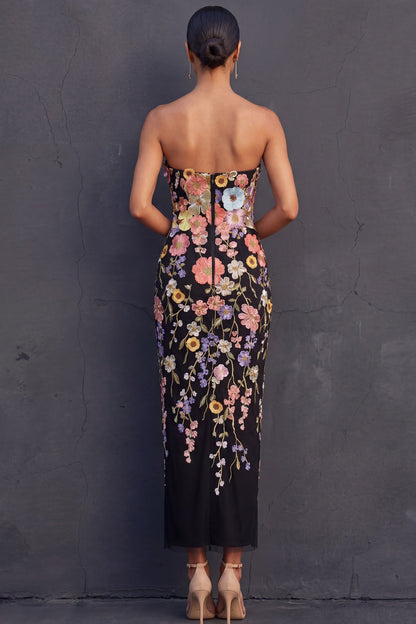 Isabelle Floral Appliqué Strapless Midi Dress