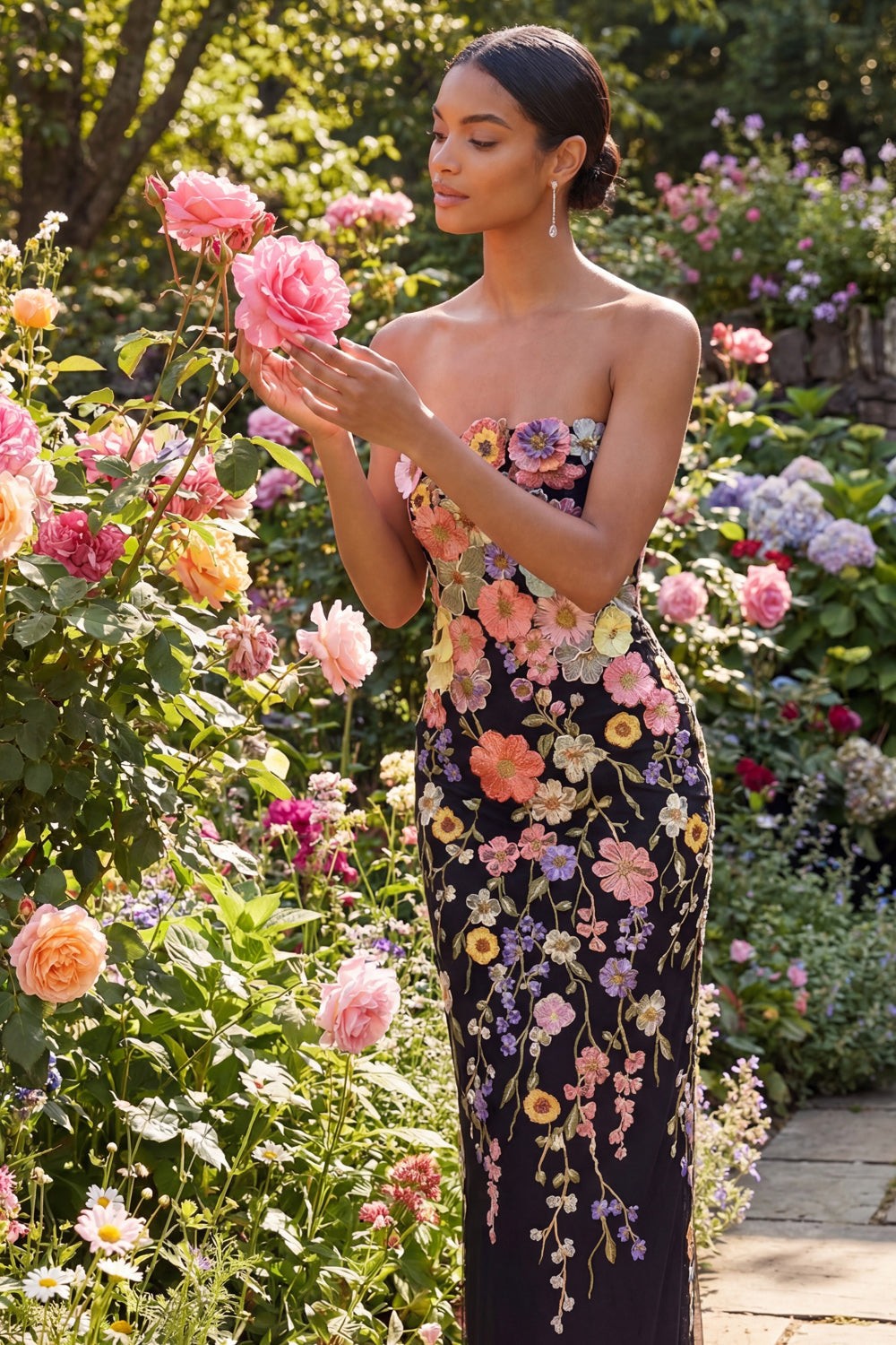 Isabelle Floral Appliqué Strapless Midi Dress