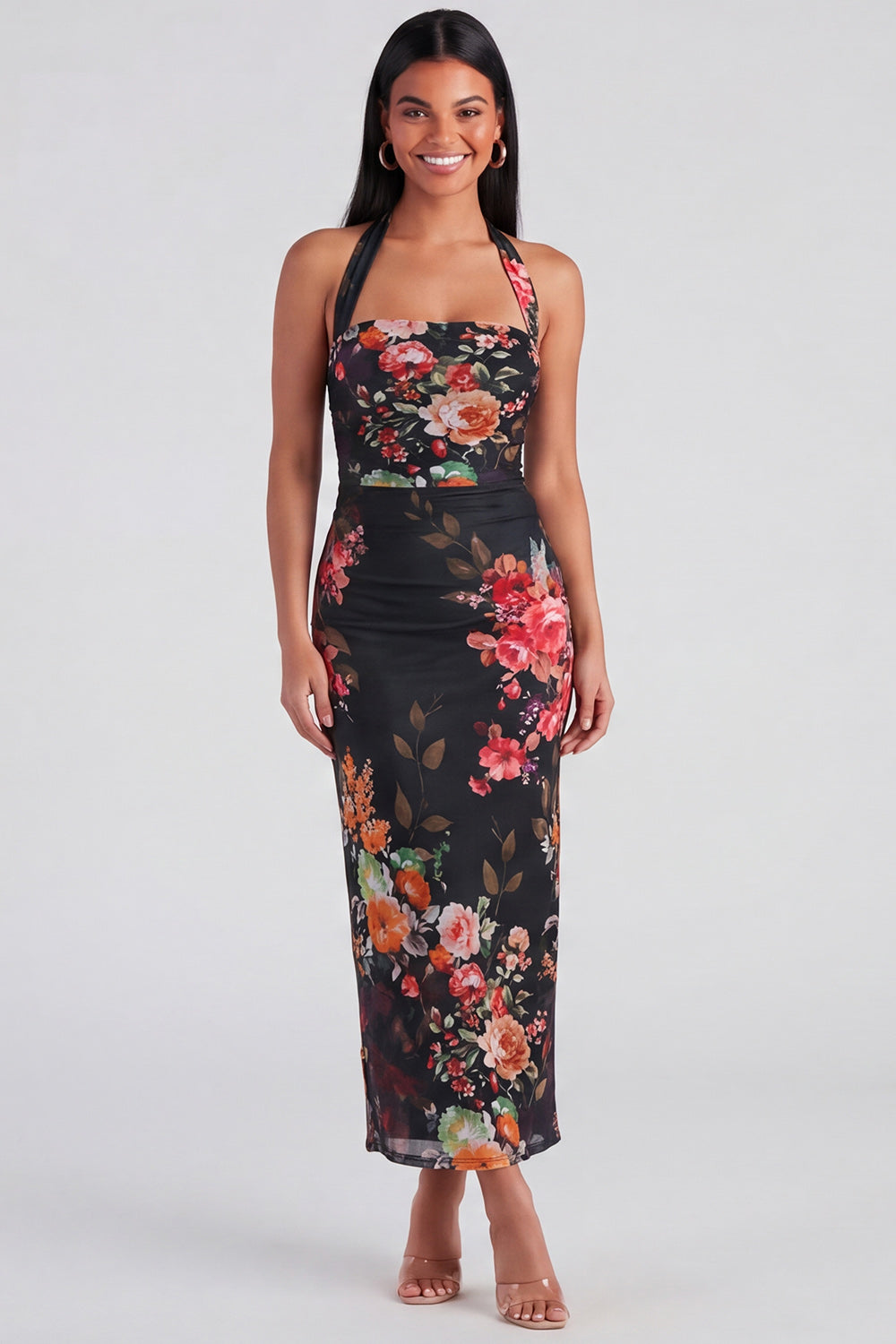 Celeste Halter Ruched Maxi Dress in Champagne Floral