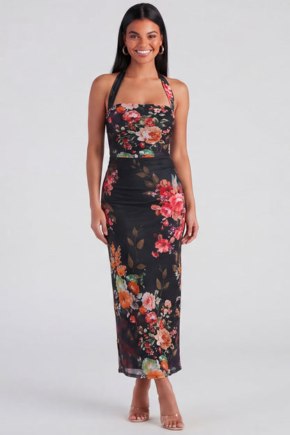 Celeste Halter Ruched Maxi Dress in Champagne Floral