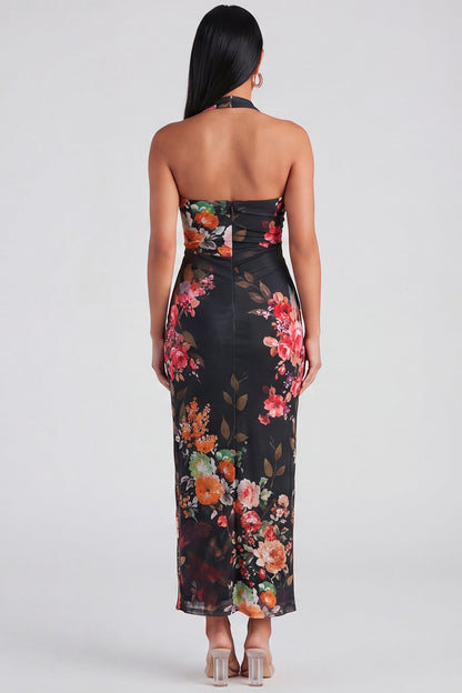 Celeste Halter Ruched Maxi Dress in Champagne Floral