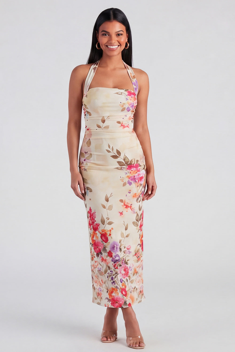 Celeste Halter Ruched Maxi Dress in Champagne Floral