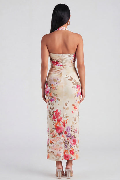 Celeste Halter Ruched Maxi Dress in Champagne Floral