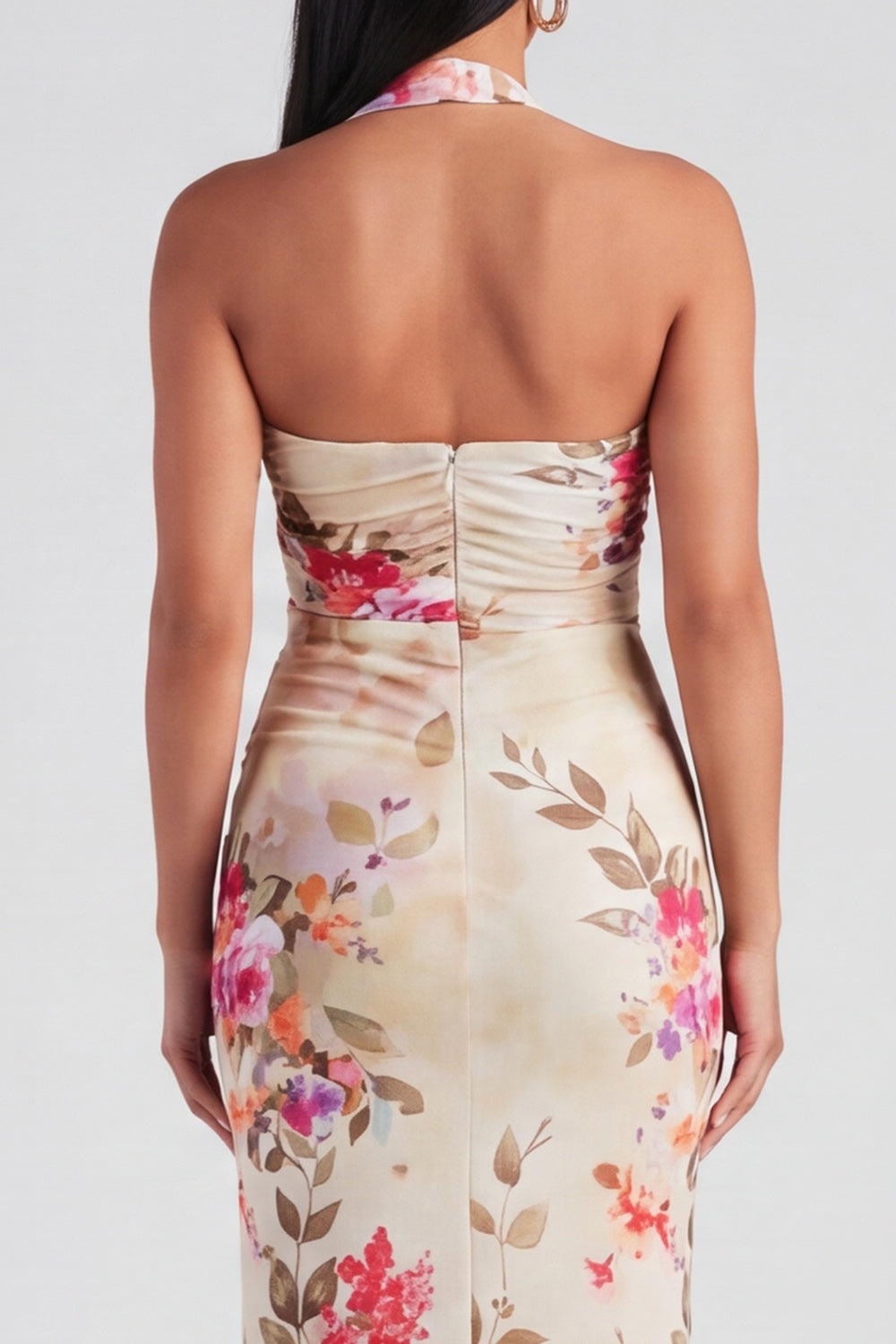 Celeste Halter Ruched Maxi Dress in Champagne Floral