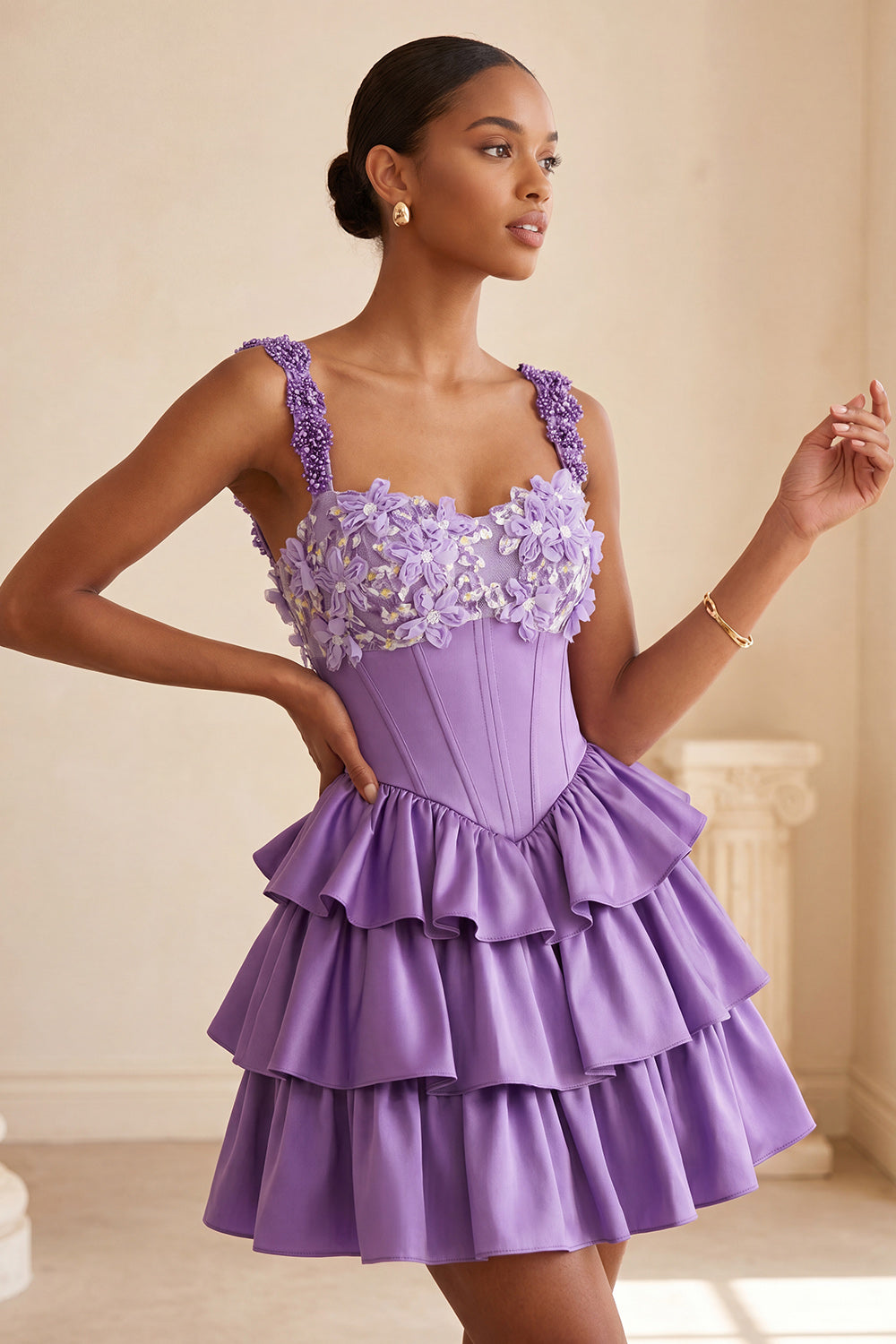 Violet A-Line Corset Dress with Tiered Lace