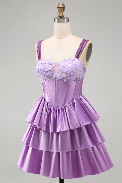 Violet A-Line Corset Dress with Tiered Lace