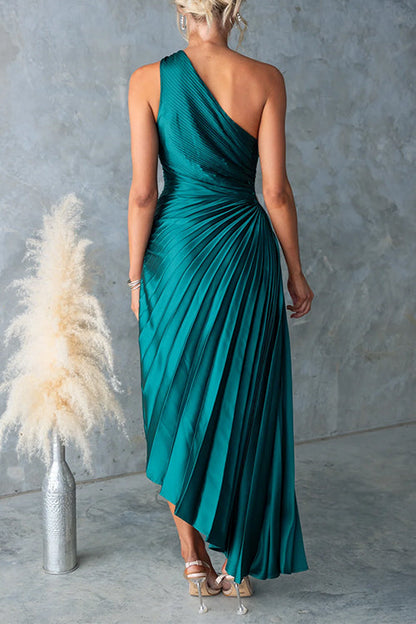 Margot One-Shoulder Pleated Satin Maxi Dress