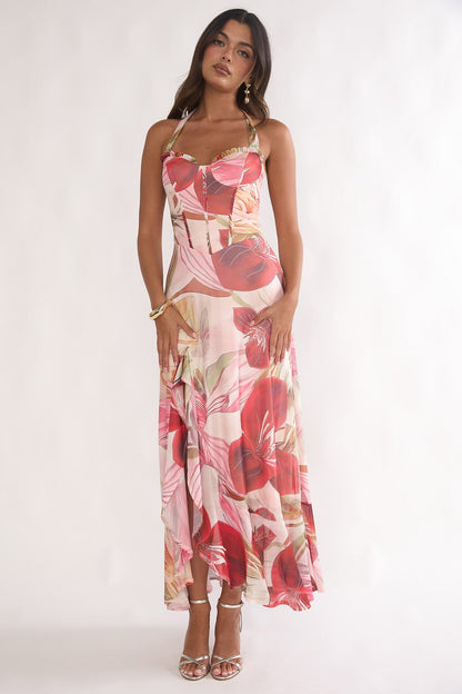 Celestine Halter Floral Maxi Dress in Red