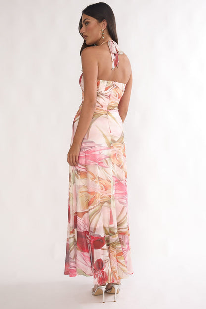 Celestine Halter Floral Maxi Dress in Red