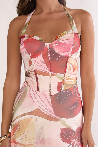 Celestine Halter Floral Maxi Dress in Red