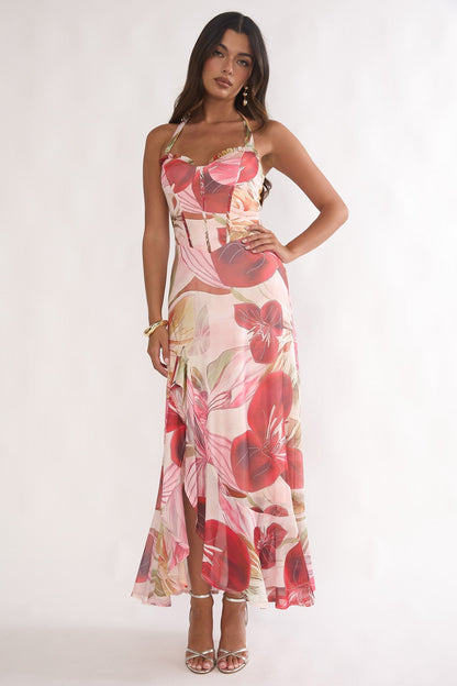 Celestine Halter Floral Maxi Dress in Red