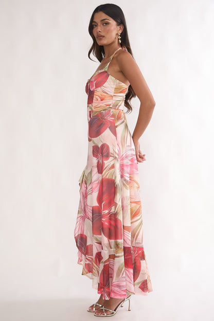 Celestine Halter Floral Maxi Dress in Red
