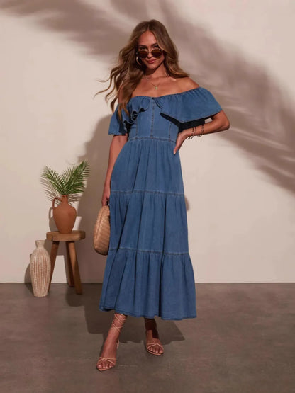 Margot Off-Shoulder Tiered Denim Dress